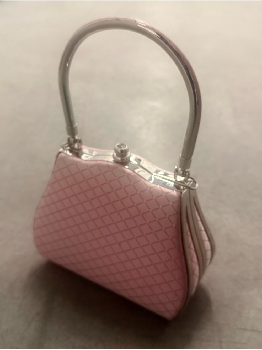 Women’s Small Handbag - Pink Fabric with Silverplate Accents 9” x 6” x 2-1/2”